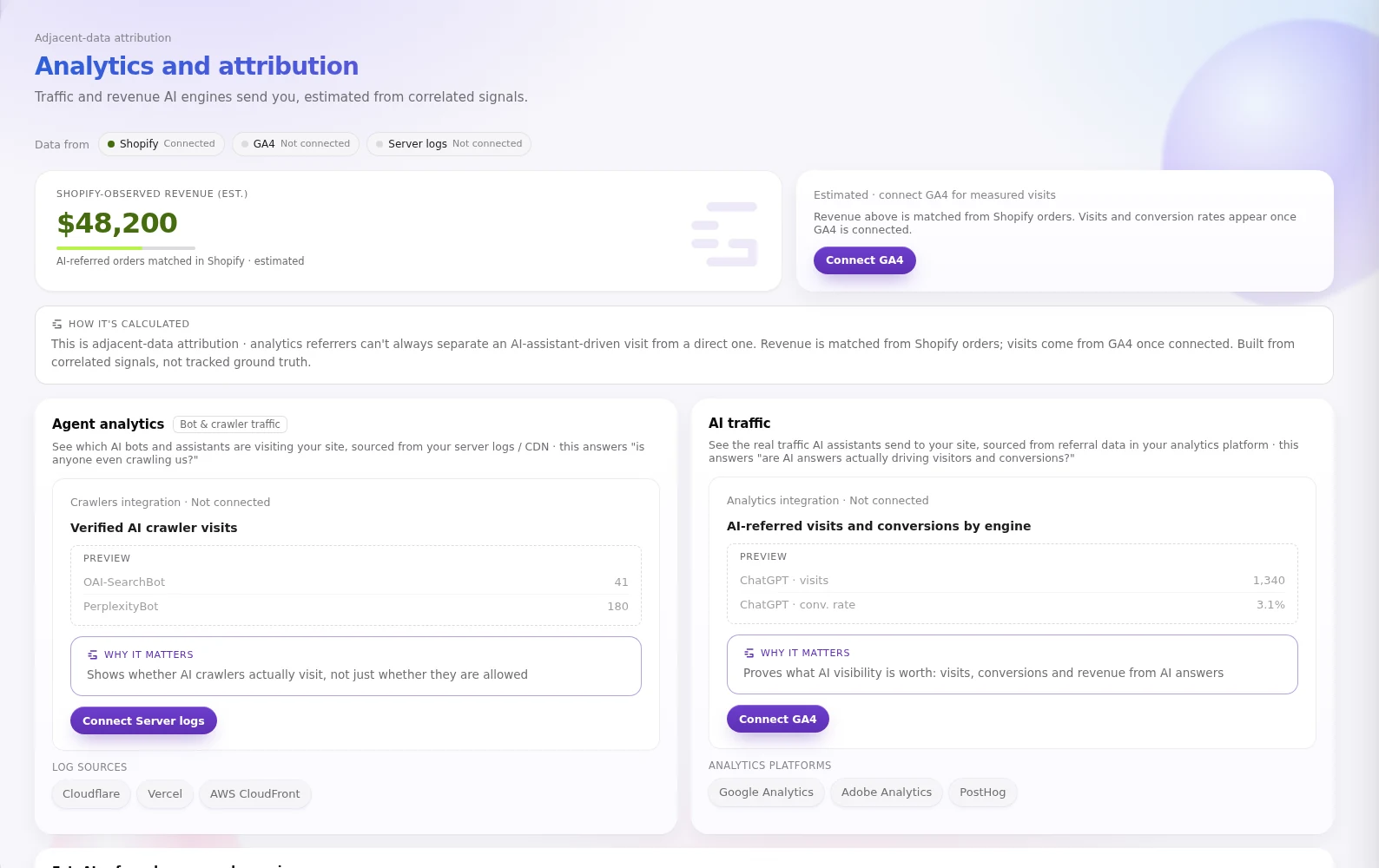 Analytics and attribution page in Geonos, sample account