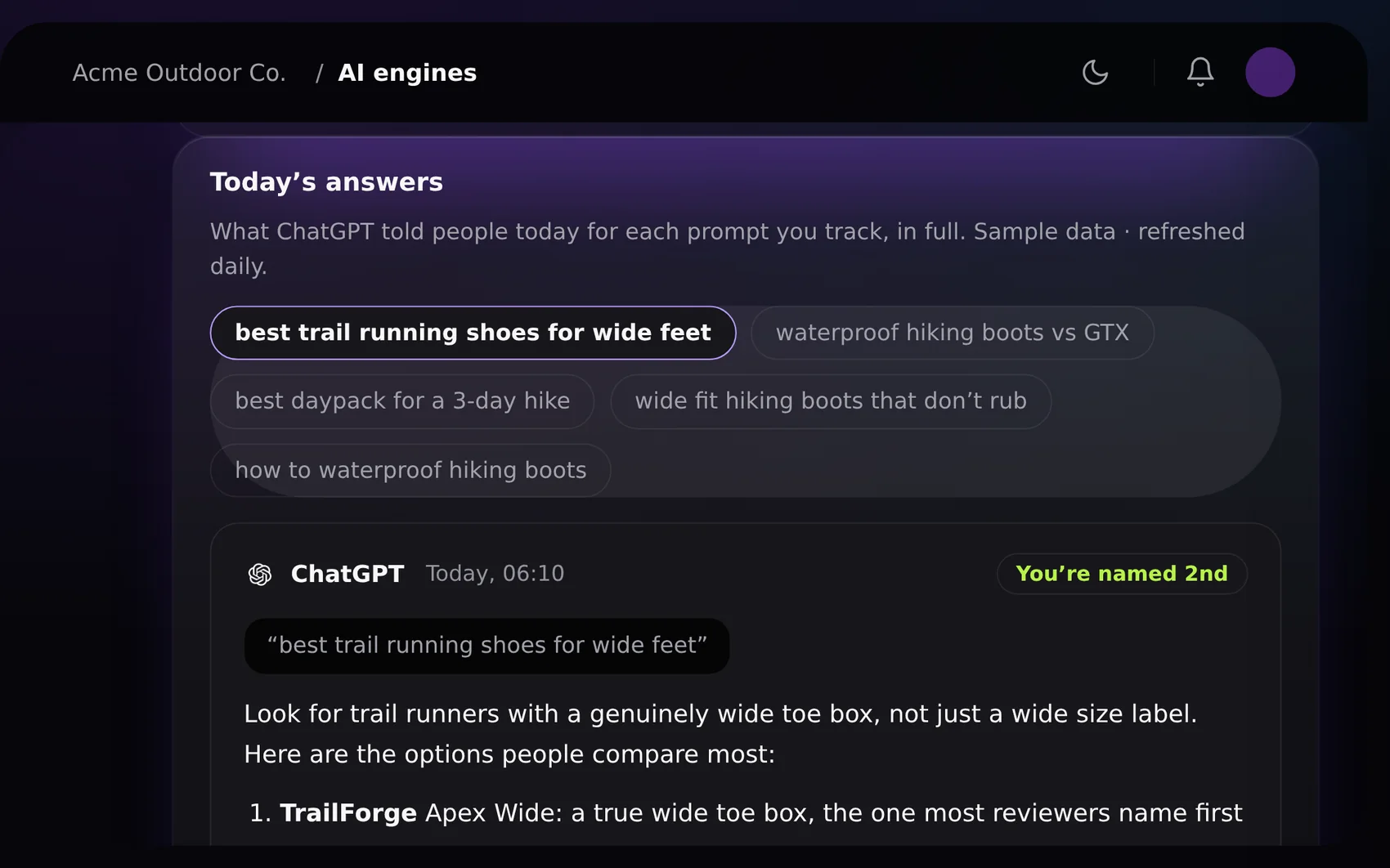 Geonos AI engines: the full answer ChatGPT gave today, with your brand highlighted and the same prompt on every engine